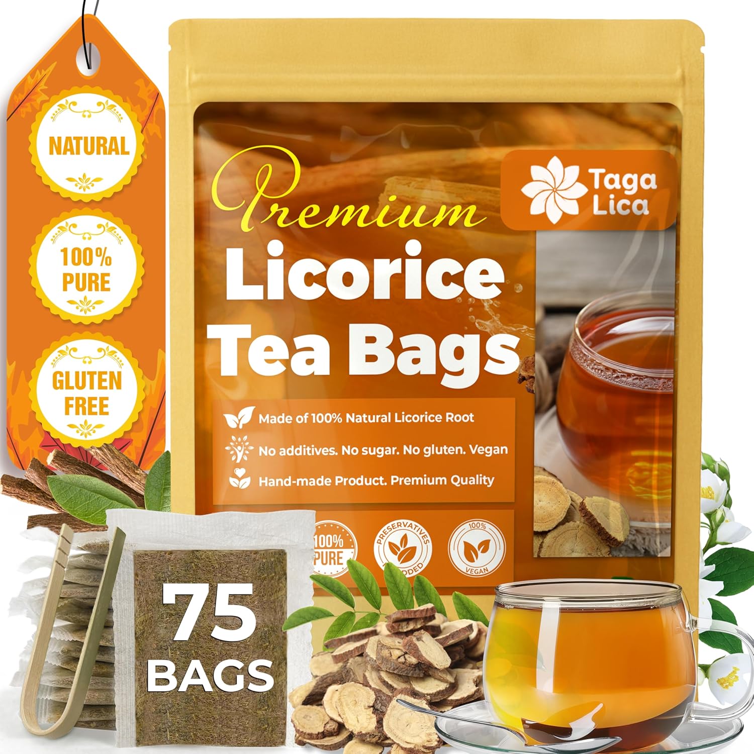 Premium Licorice Root Tea Bags, 100% Natural, Pure Licorice Root, Eco-Conscious Tea Bags, Licorice Root Herbal Tea, Licorice Root Tea. No Sugar, No Caffeine, No Gluten, Vegan
