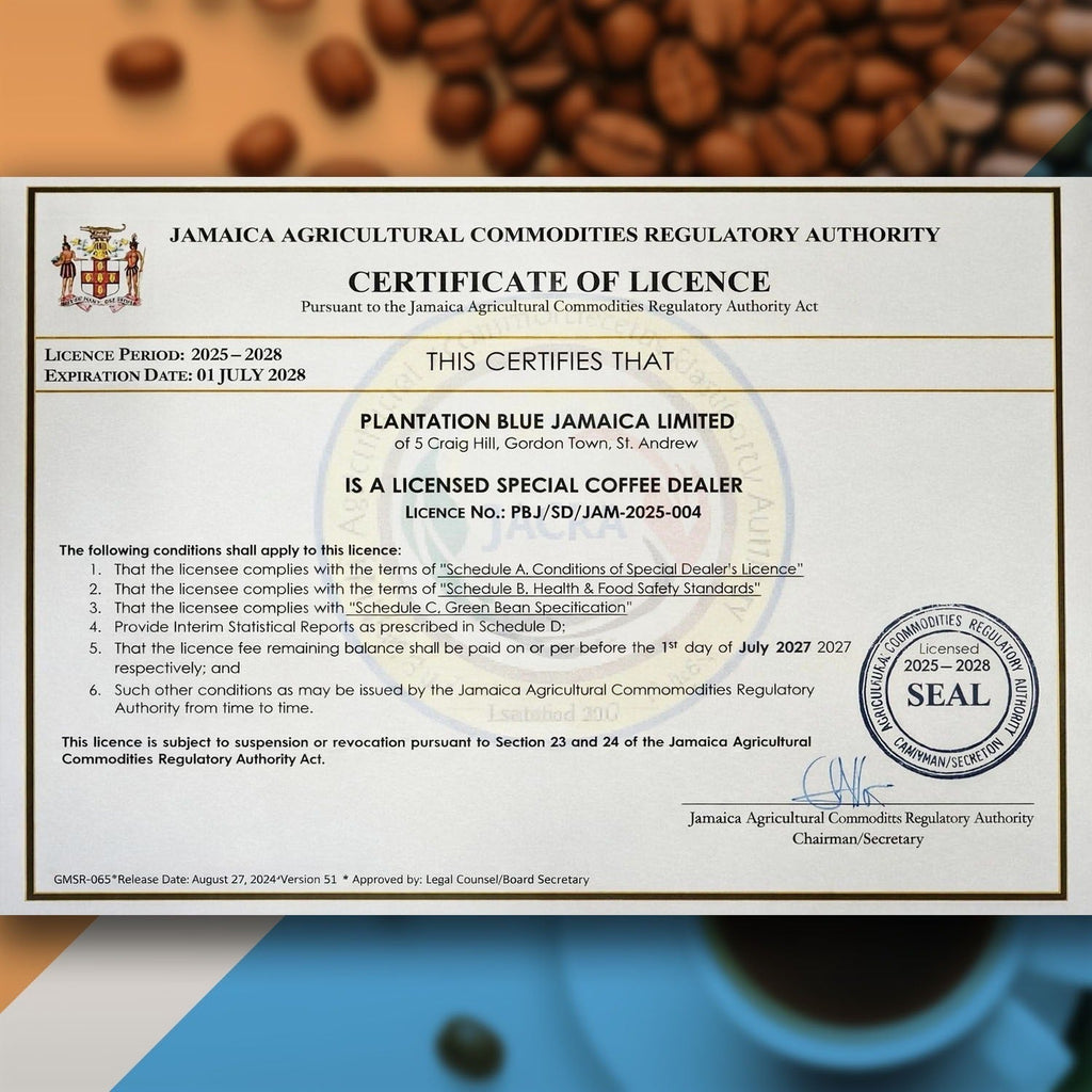 Plantation Blue 100% Jamaica Blue Mountain Premium Coffee (16 oz - medium roasted whole beans)